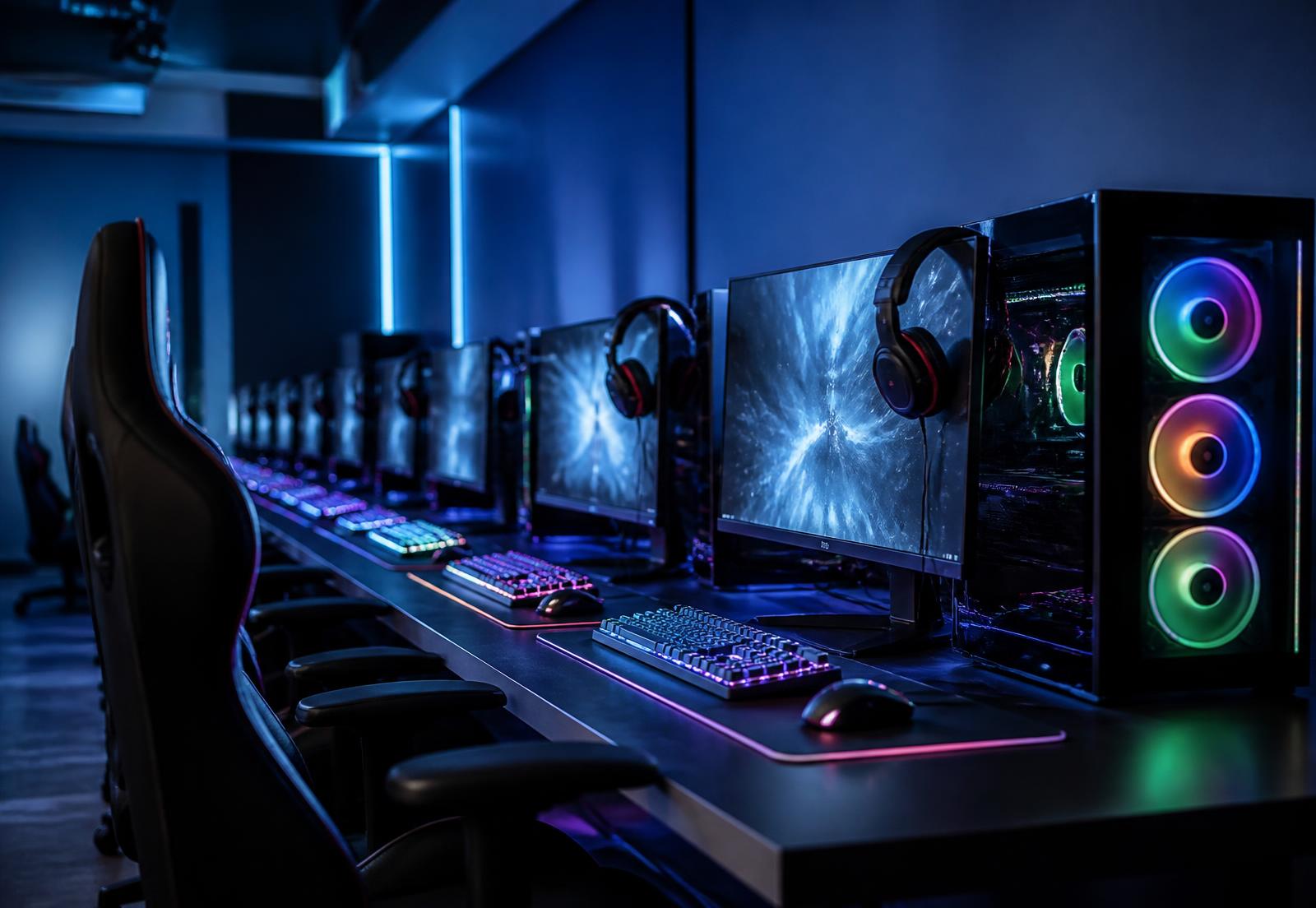 Modern gaming center with multiple gaming PCs connected in a LAN network